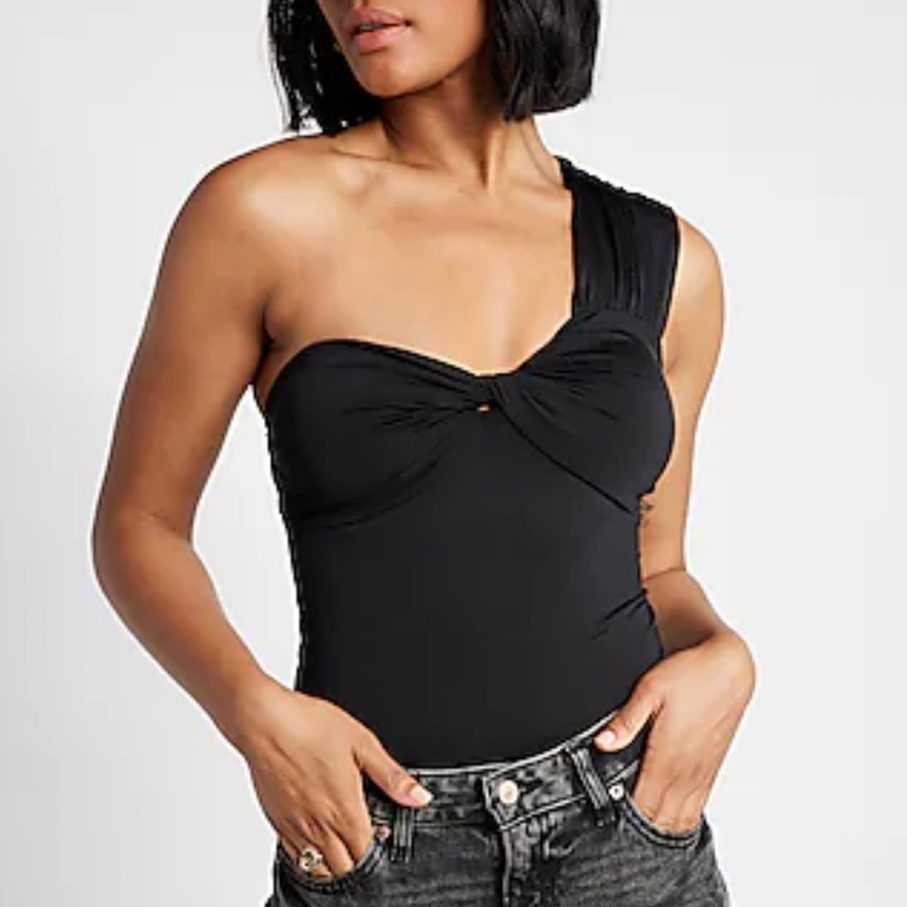 Express Silky One Shoulder Twist Thong Bodysuit With Removable Cups size M black